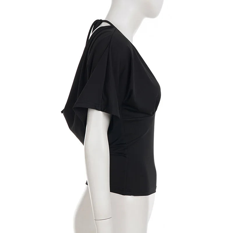 Women's Lace Patchwork Deep V Neck Tie Up Slim Fit Half Sleeve T-Shirt Crop Top