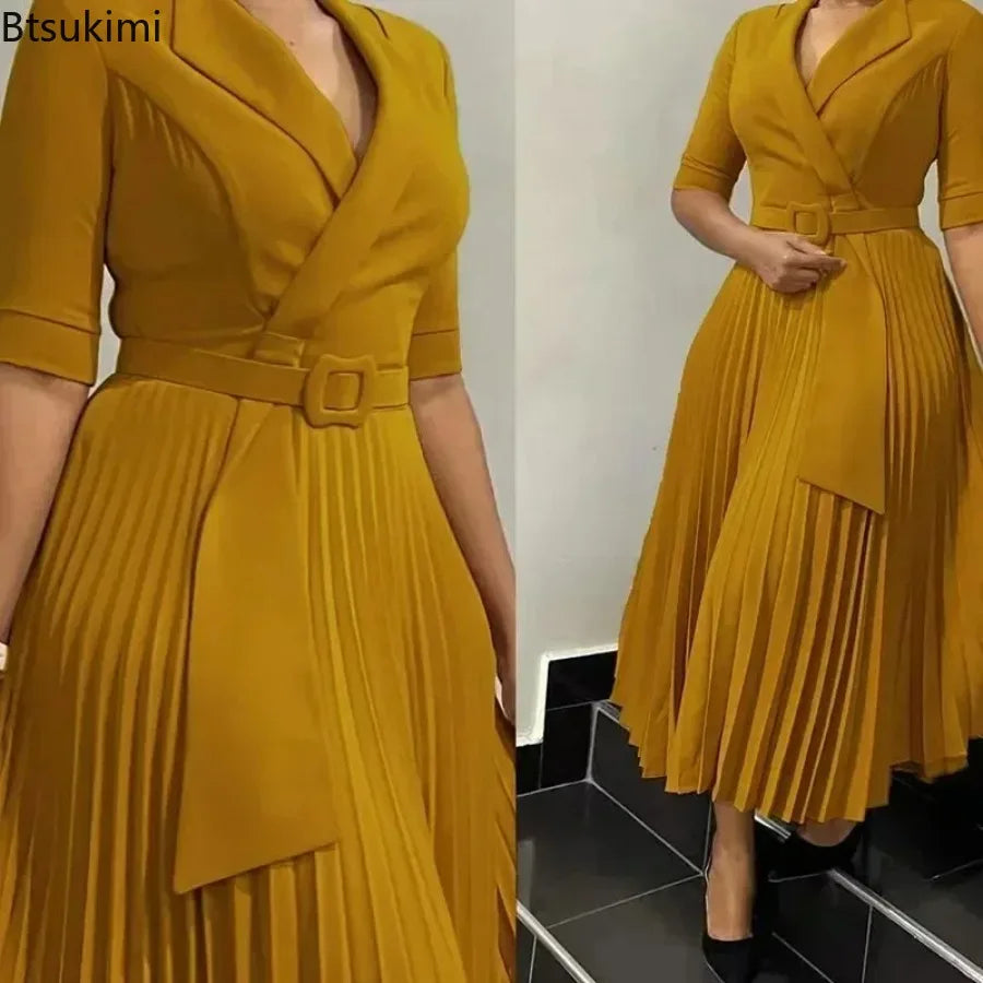 New Dashiki African Dresses for Women Spring Autumn Elegant Half Sleeve V-neck Pleated OL Style Midi Dress African Clothes Femme