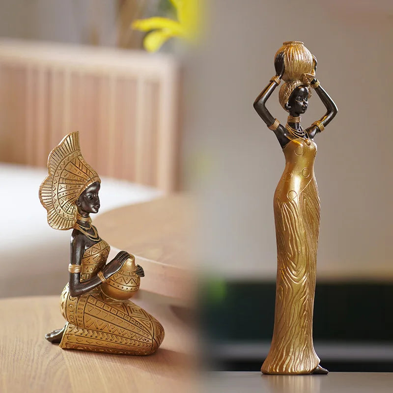 African Woman Statues Resin Tribal Lady Figurines Black Gold Home Decor Ethnic Ornaments for Living Room