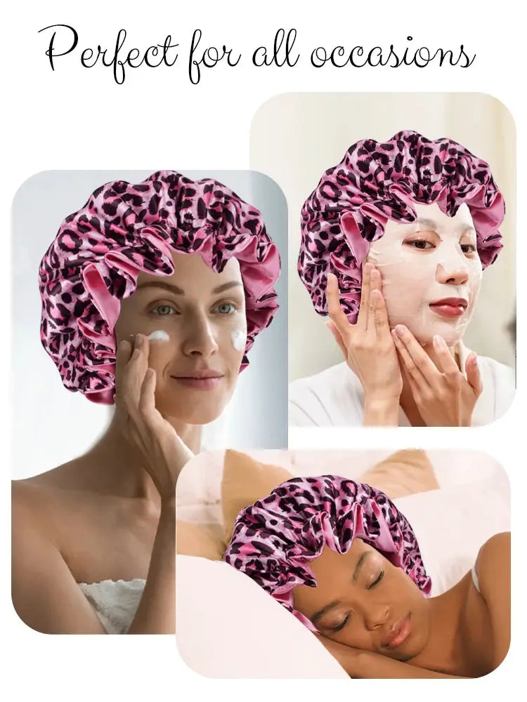 4Pcs Double Layer Satin Hair Bonnet Printed Leopard Splicing Design for Curly And Straight Hair Sleeping Cap BAZAARHUBO
