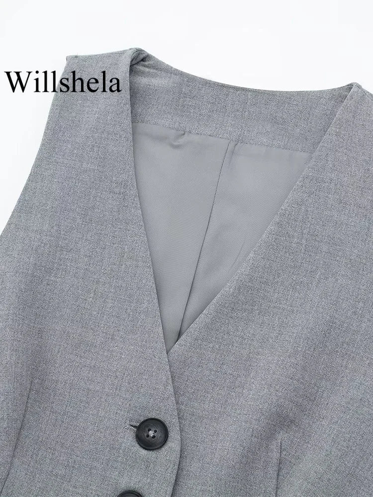 Willshela Women Fashion 2 Piece Set Grey Single Breasted V-Neck Vest & Vintage High Waist Shorts Female Chic Lady Shorts Set