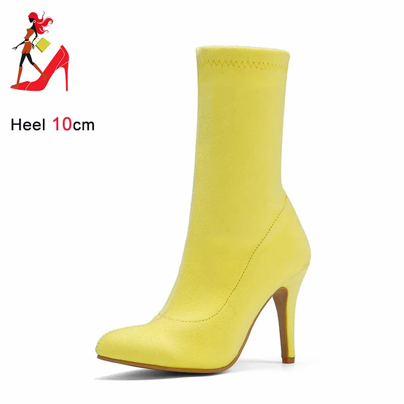 2023 Autumn Winter Sock Short Boots Lady Mid-Calf Thin High Heels Large Size 46 Fashion Women Shoes Elastic Flock Pointed Boots