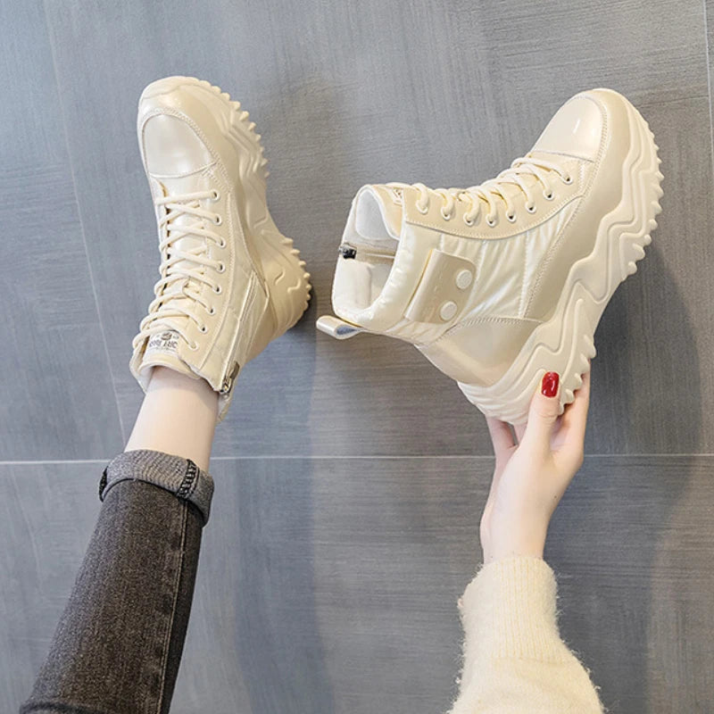 7CM Heightening Genuine Leather Platform Wedge Hidden High Heels Women Ankle Boots Casual Chunky Sneakers Spring Autumn Shoes