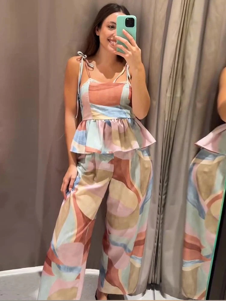 Pastel Print Cami Top Wide Leg Pants Set Ruffle Hem Sleeveless 2026 Summer Vacation Women Co-ord Set Chic Causal Lady Outfit