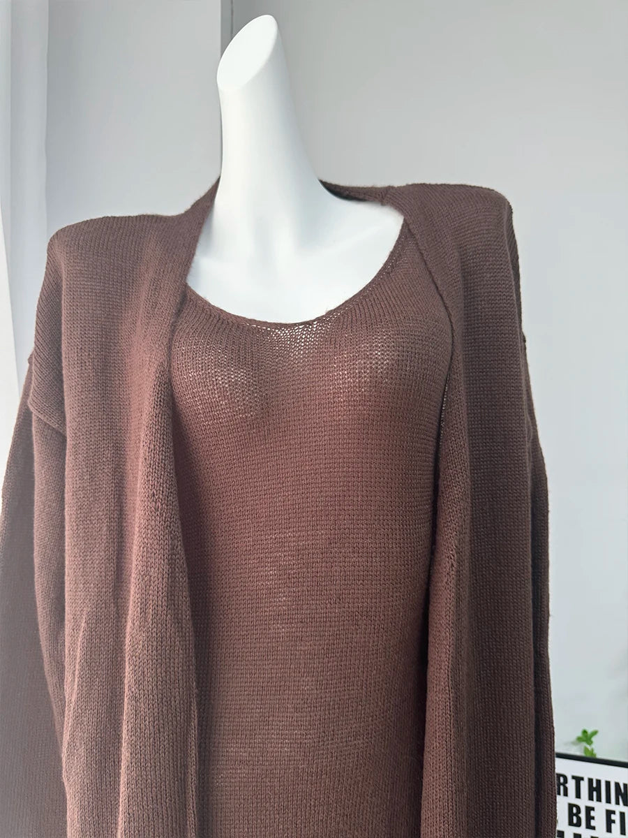 Hirsionsan Soft Loose Sets Women Three Pieces Long Sleeve Cardigan & Sexy Vest Dresses Elegant Female Hollow Outfits Tracksuit