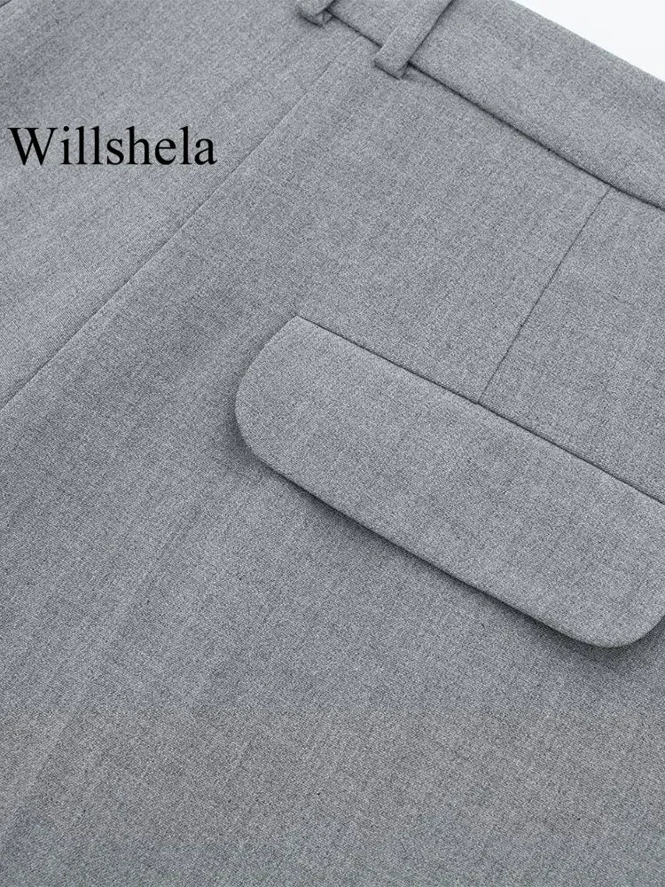 Willshela Women Fashion 2 Piece Set Grey Single Breasted V-Neck Vest & Vintage High Waist Shorts Female Chic Lady Shorts Set