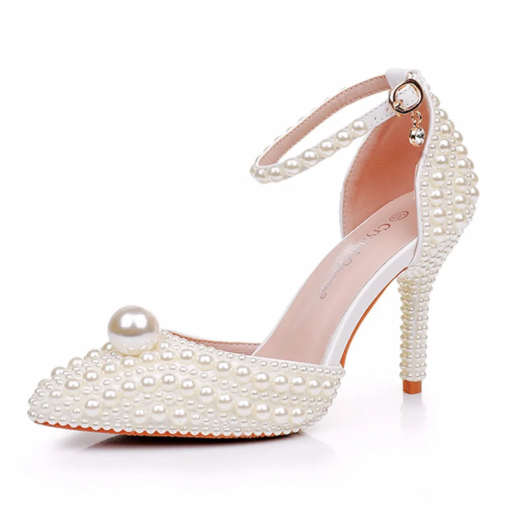 2025 New Large Pointed Womens Sandals Slim Heels Wedding Dress Beige Pearl Wedding Shoes Sandals Bridal High Heels Wedding Shoes