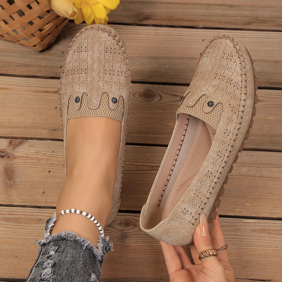 goreyodoly women loafers hollow floral design patchwork slip on flats breathable lightweight casual walking shoes soft non slip