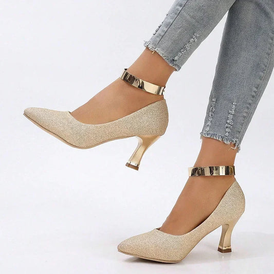 Shiny Gold Sequin High Heels Pumps for Women 2025 Autumn Fashion Thin Heeled Party Wedding Shoes Pointed Toe Slip-On Pumps Mujer
