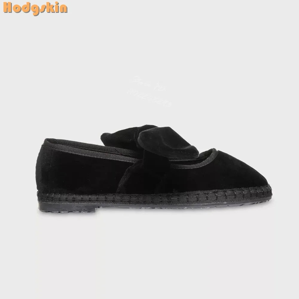 Velvet Bow Flat with Shoes Retro Round Toe Shallow Lace-up Mary Janes Butterfly-knot Daily Shoes Korean Style Design 2025 Women