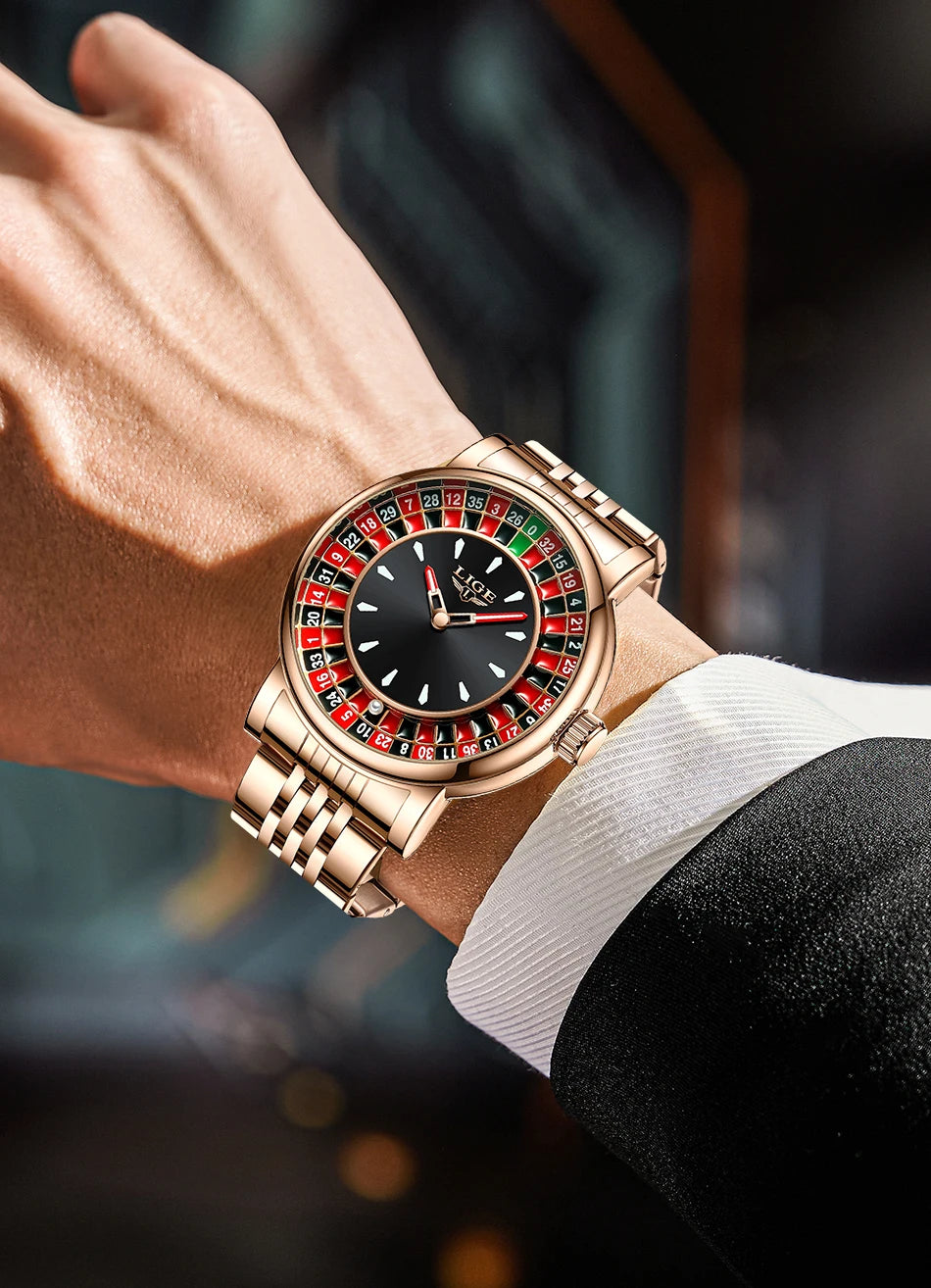 LIGE 2025 Creative Luxury Watches Men Roulette Game Dial Fashion Mens Watch Waterproof Luminous Steel Quartz Wristwatches Relojs