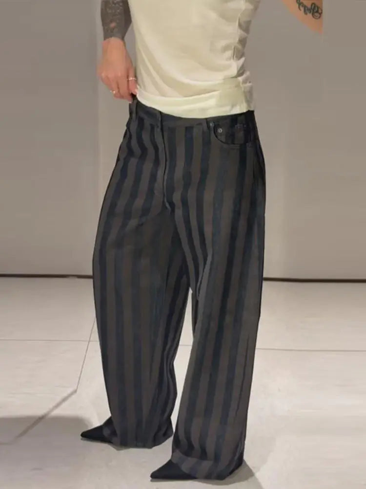 Women Stripe Pants Barrel Leg Pant High-Waist Trousers Loose Fit Woman Clothes Casual Bottom Daily Outfit Lady Clothing Outwear