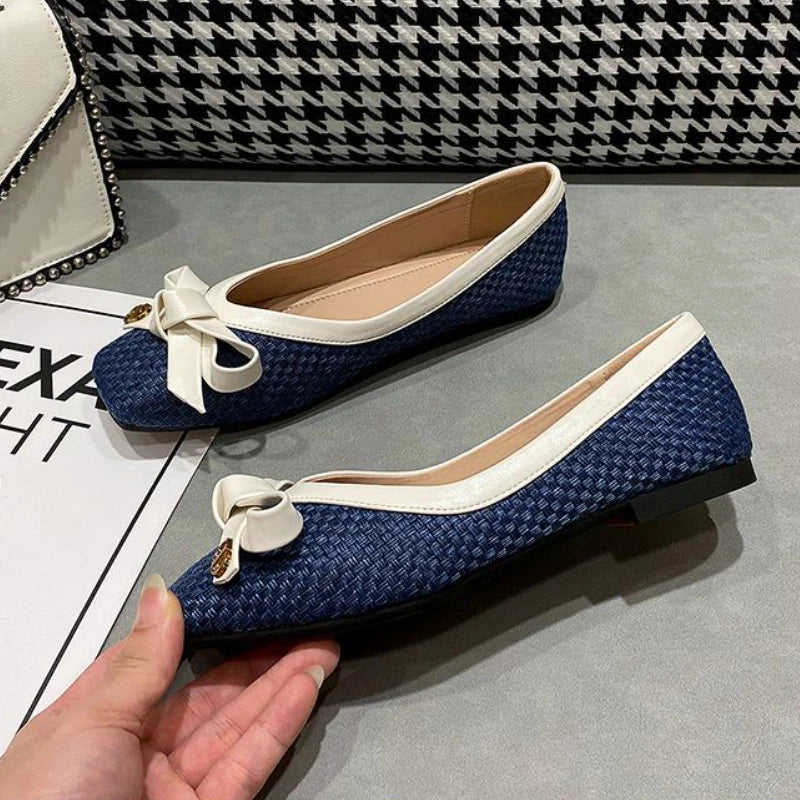 Women's Shoes 2025 New Woven Bow Square Toe Women's Ballet Flats Female Soft Sole Large Fashion Women's Shoes Chaussure Femme