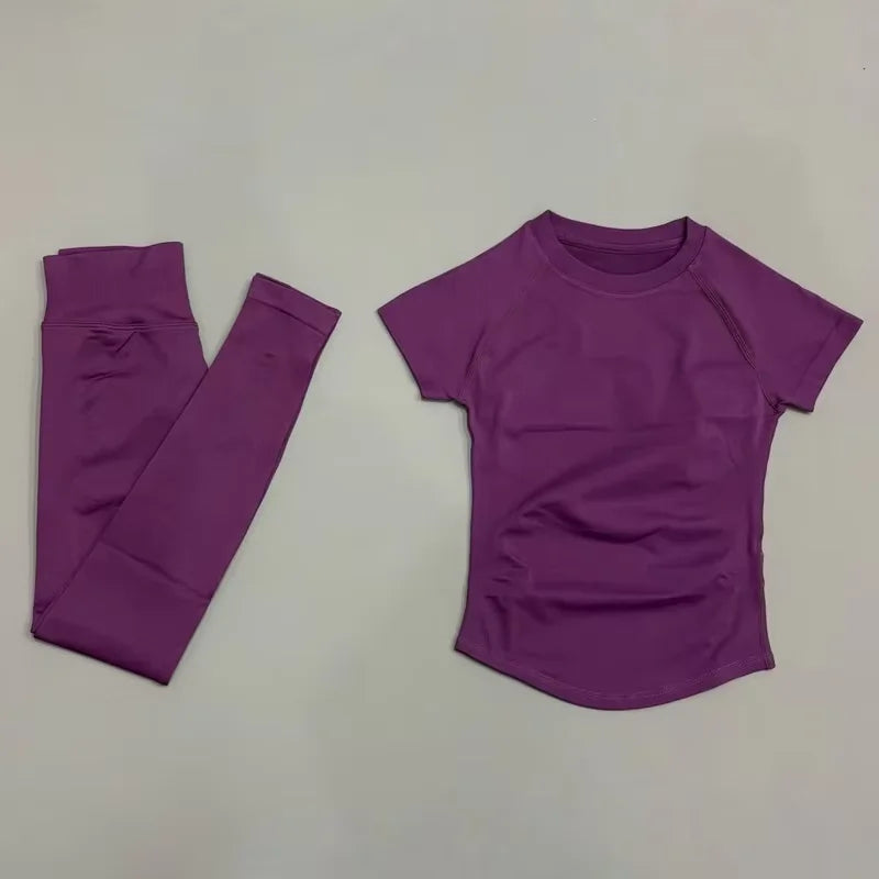2 Pieces HISTELLO Yoga Set Women Short Sleeve Crop Top Low Waist Butt Lifter Leggings Seamless Breathable Stretch Fitness Sets