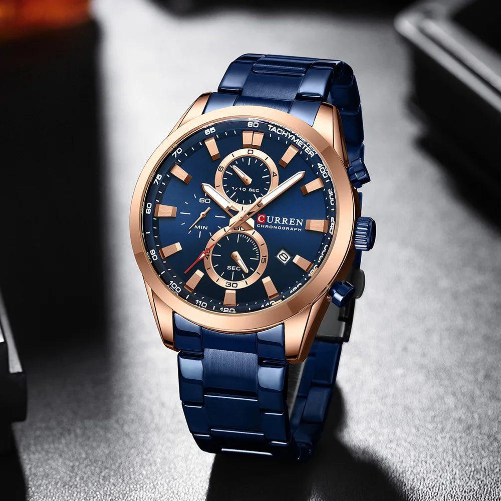CURREN  New Sports Multifunction Stainless Steel Band Watches Fashion Brand Quartz Men's Wristwatches with Date