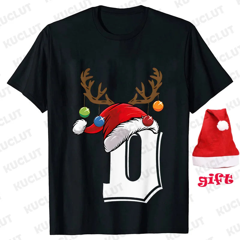 Funny Christmas Party Tshirt Fashion Women T Shirt Tops Short Sleeves T-shirt 26 A~Z Alphabet Casual Tees with Santa Hat Gift