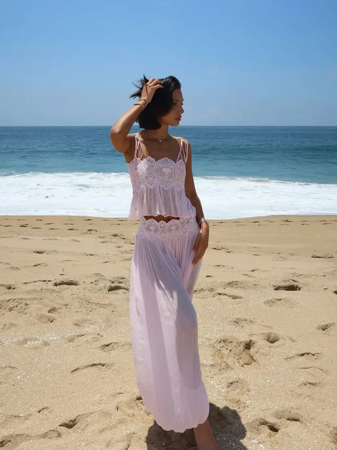 Women Lace Patchwork Pleated Slip Green Maix Dress Sexy Spaghetti Strap Sleeveless Backless 2026 Summer Vacation Beach Robe New