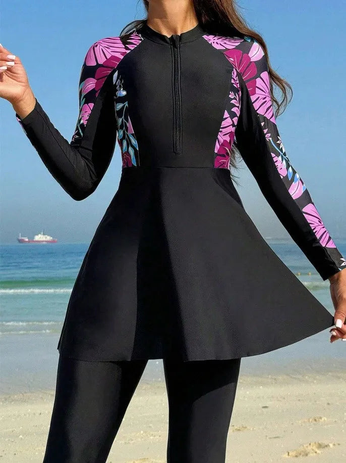 Burkini Femmes Swimwear Long Sleeve Black Tunic Swimsuit Full Leggings Front Zipper Swimming Suit Sun Protection Two Piece