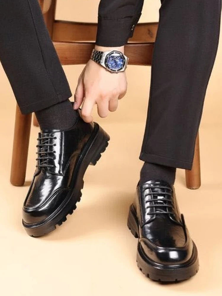 Round Toe Height Increasing Thick Sole Black Leather Shoes for Men Low Price High Quality Social Fashion New in Man Casual Shoe