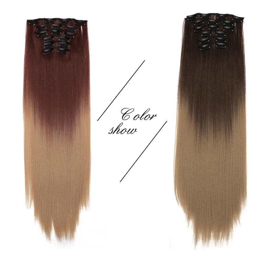 22 Inches Synthetic Long Straight Hairstyle 16 Clips 6Pcs/Set Hair Extensions Blonde Black Hairpieces Heat Resistant For Women