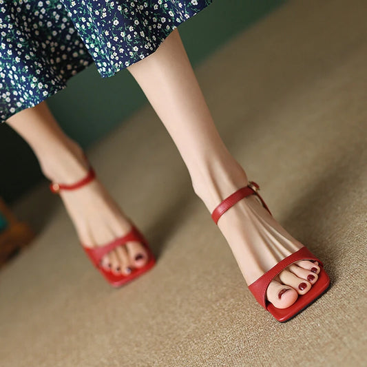 2025 Summer Sandals Women Shoes Open-Toe Thin Heel Women Sandals Split Leather Square Toe Shoes for Women High Heels Handmade