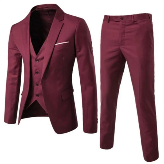 Men Three piece Suit Formal Business Suit Pants Set Solid Color Slim Fit Turn down Collar Anti wrinkle Groom Wedding Suit