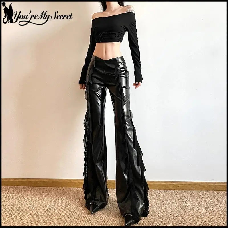 Punk Style PU Leather Pants Gothic Black Lace-paneled Trouser Sexy High-waisted Slim Flared Pants 2026 Summer Women's Clothing