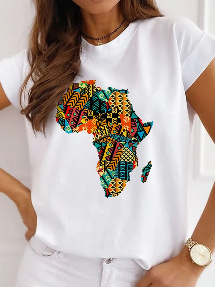 New African Funny Ladies Clothes Casual Short Sleeve Tshirt T Shirt O-neck Loose Summer White Tee Top Print Camisetas De Mujer