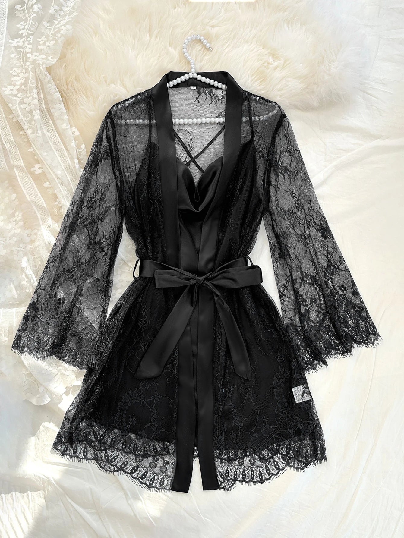 Women's 2 Piece Lace Pajamas Set Sheer Lace Robe with Belt and Crisscross Back Cami Slip Dress Sexy Nightgown Loungewear