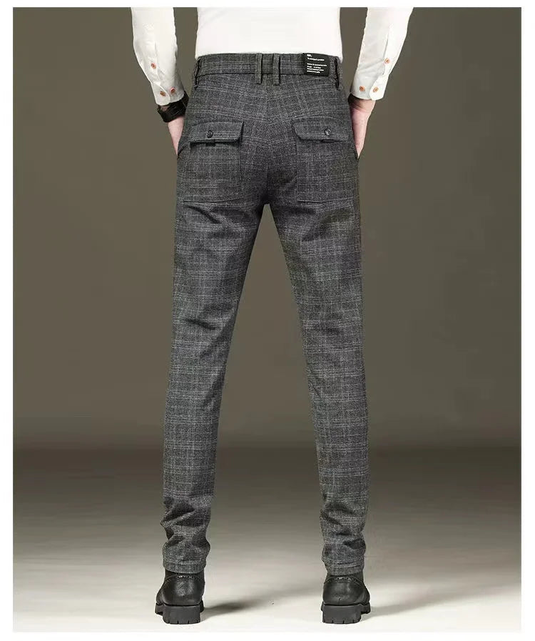 Fashion Black Grey Casual Trouses Mens Straight Fit Long Pants Striped Plaid Four Seasons High Quality Brand Business Trousers