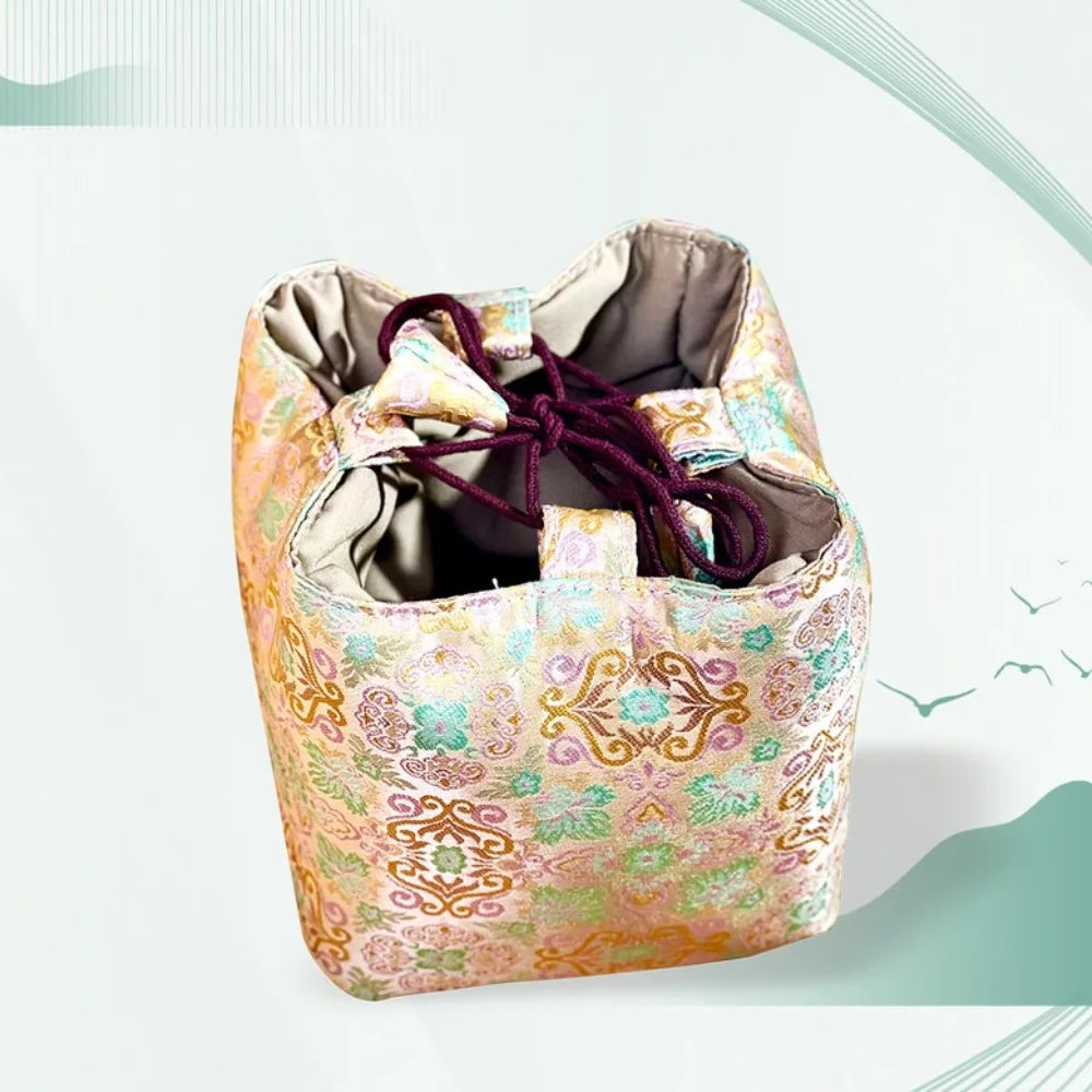 Chinese Style Tea Set Organizer Bag Embroidered Breakage-proof Teacup Drawstring Cloth Pouch Tea Ceremony Accessories