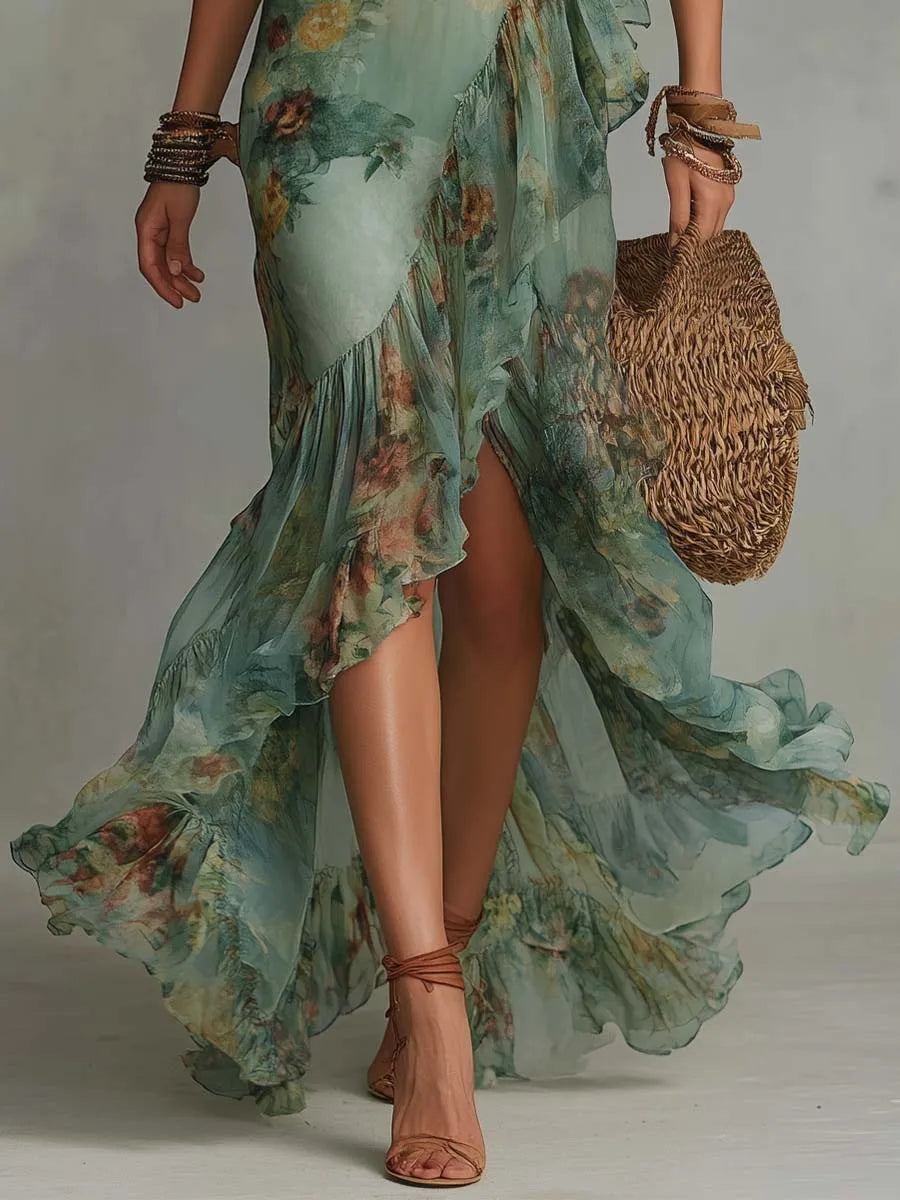 Sexy Elegant Dress For Spring Summer Retro Bohemian Print Holiday Style V-neck Lotus Leaf Sleeve Pleated Slit Irregular Dresses