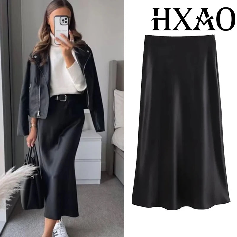 HXAO 2025 Skirts For Women Black Satin Skirt Summer Elegant Women's Midi Skirts High Waist Smooth Skirts Green Flare Skirt 088