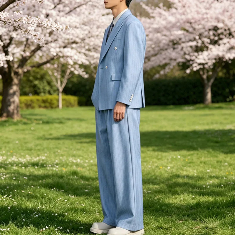 Men's Pinstripe 2-Piece Suit Notch Lapel Jacket Loose Fit Double Breasted Blazer Wide Leg Trousers for Formal Business Casual