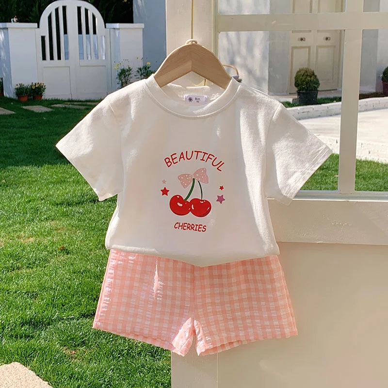 T-shirt + Plaid Shorts Outfits For Kids Summer Clothing Fashion Casual Short Sleeve Suit Children's Wear 2 Piece Set Girls Boys