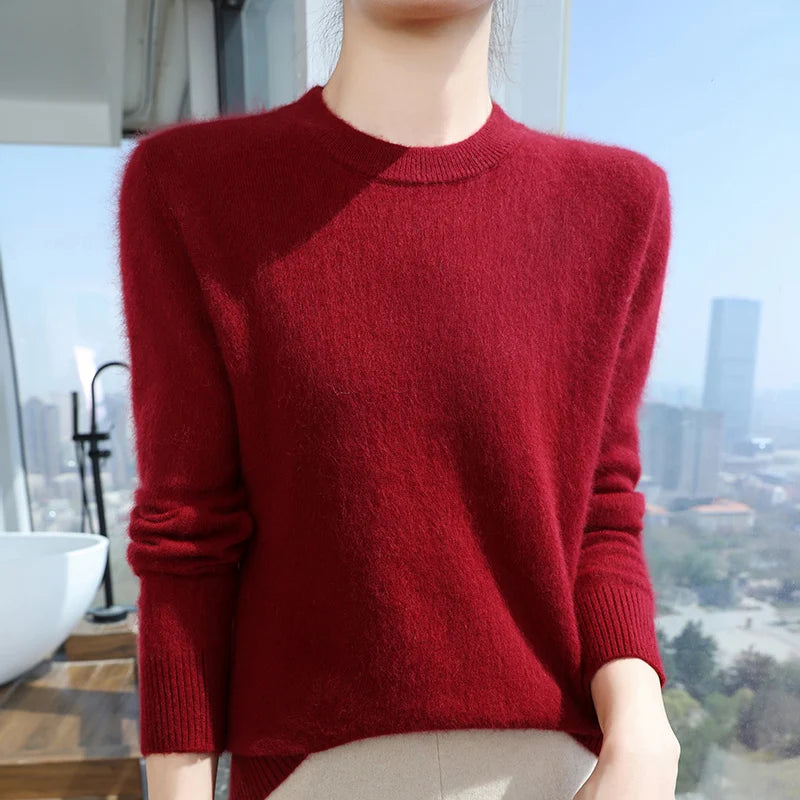 Autumn and winter women's semi high neck pullover sweater solid color knitted slim fit women's 100 mink cashmere sweater new sty