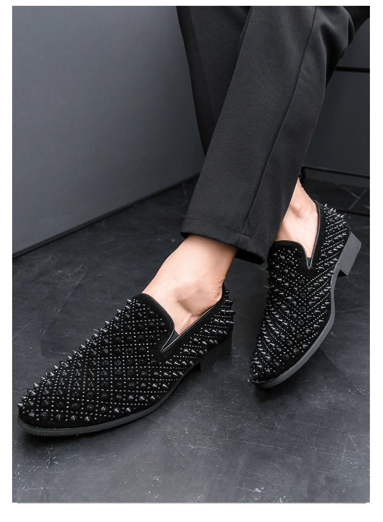 Men's Fashion Suede Leather Rivet Loafers Mens Casual Printed Moccasins Oxfords Wedding Shoes Man Party Driving Flats EU size 47