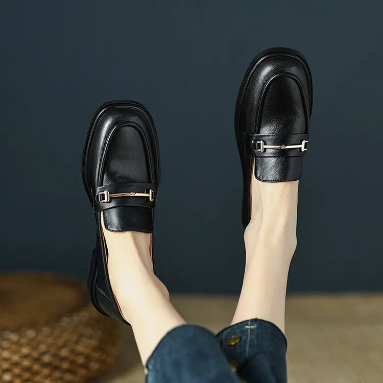 Ochanmeb Natural Leather Loafers Flat Shoes Women Brand Metal Chain Round Toe Slip-ons Flats Ladies Casual Creepers Moccasins 40