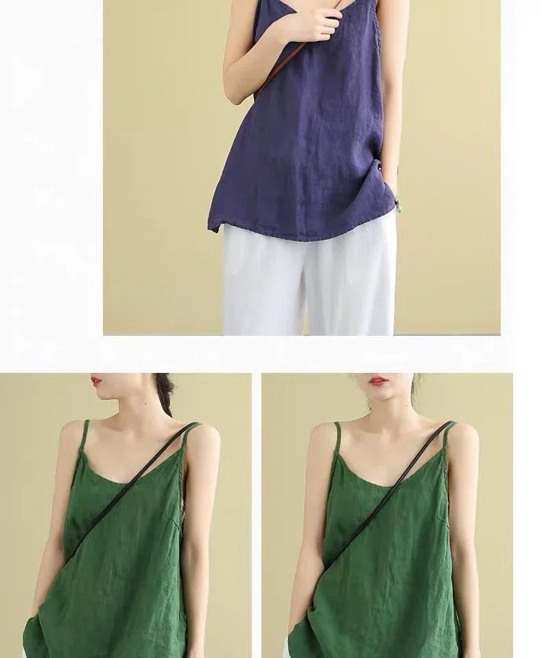 Women's Summer Top Cotton Linen Spaghetti Strap Top Women Halter V Neck Basic Yellow Sleeveless Tank Tops Loose Casual Camis