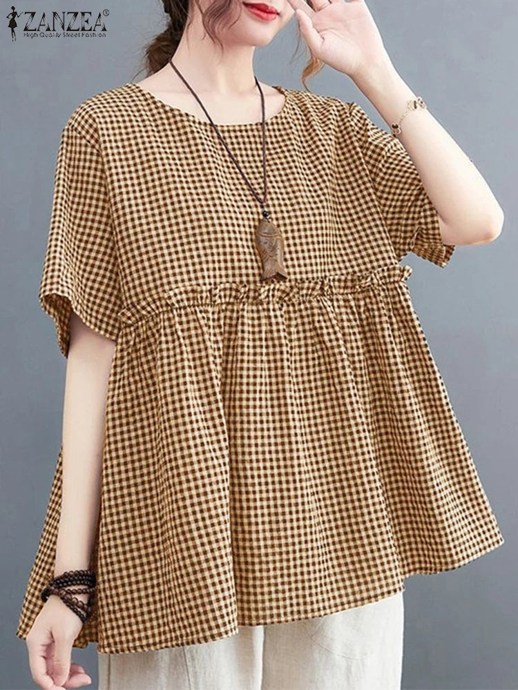2025 ZANZEA Women Plaid Checked Blouse Summer Casual O Neck Short Sleeve Blusas Loose Tops Stylish Ruffled Work Shirt Oversize