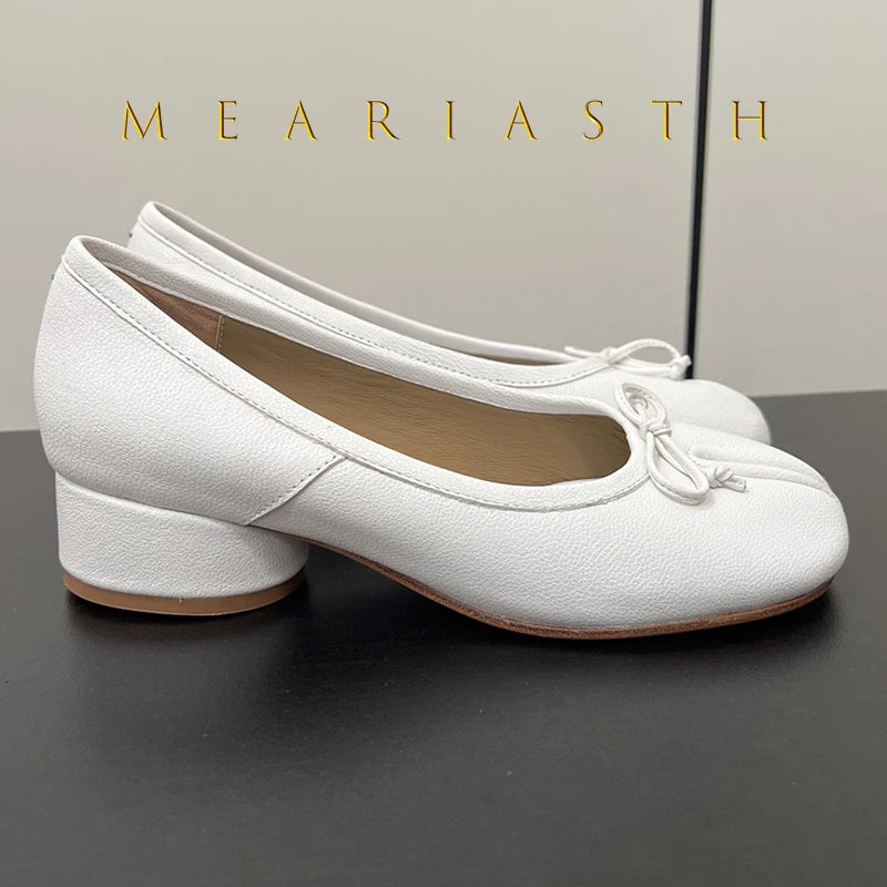 Slip-On Cylindrical Heel Tabi Pumps Bowknot Split Toe High Heels for Women Handmade Multi-Color Novelty Design Leather Shoes New