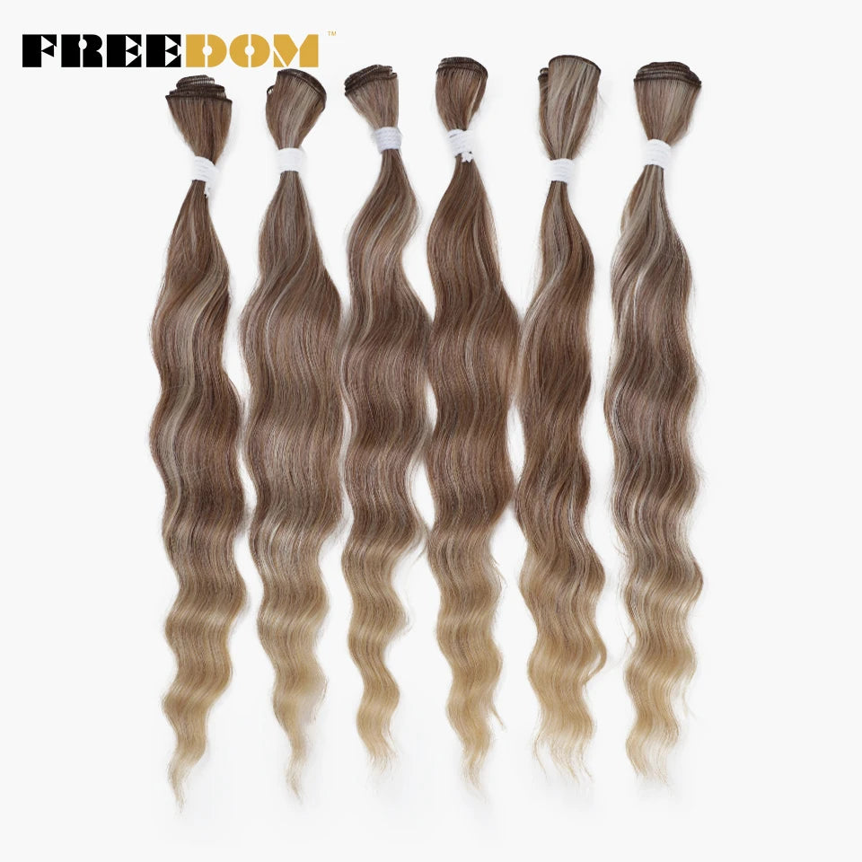 FREEDOM Synthetic Water Wave Hair Bundles 20 inch Synthetic Hair Extensions Ombre Blonde Brown Hair Weave Bundles 6Pcs/Pack