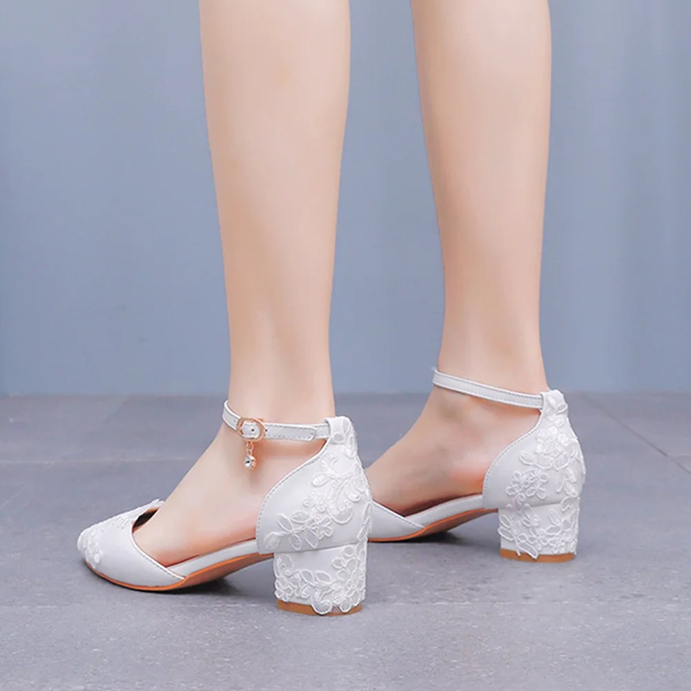 White Lace Wedding Shoes Thick Flower High Heels Women Bridal With Low Mouth Buckle 7CM Sandals Pumps