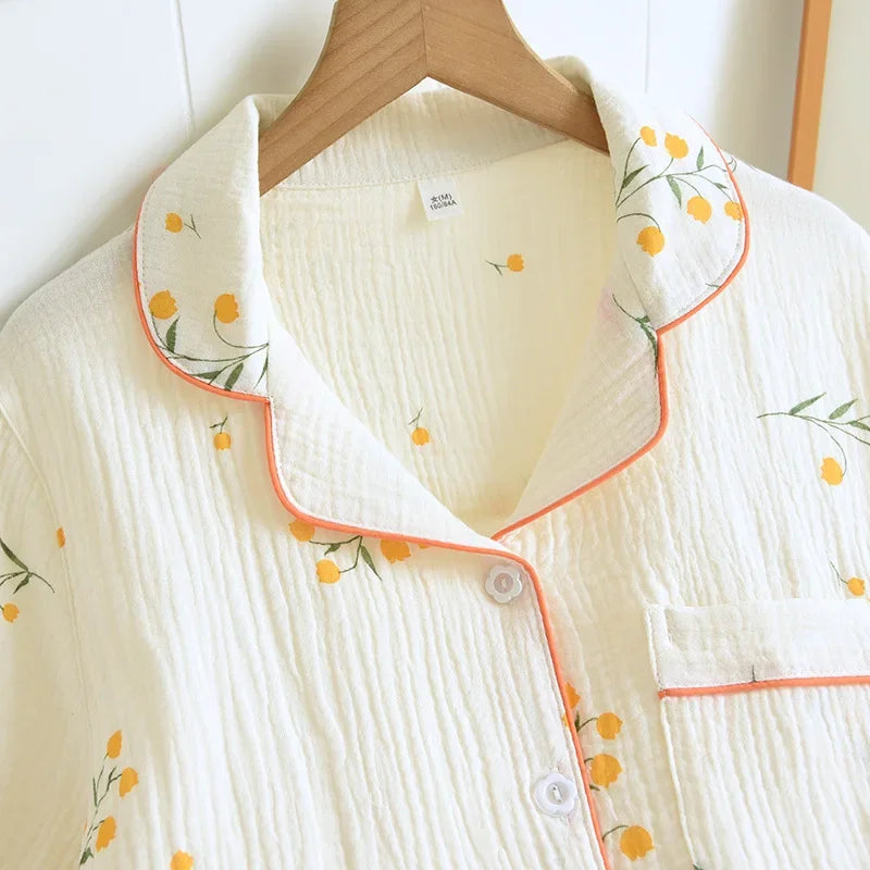 Women's short sleeve trousers home service cotton yarn thin pajama set spring and autumn cotton home service suit