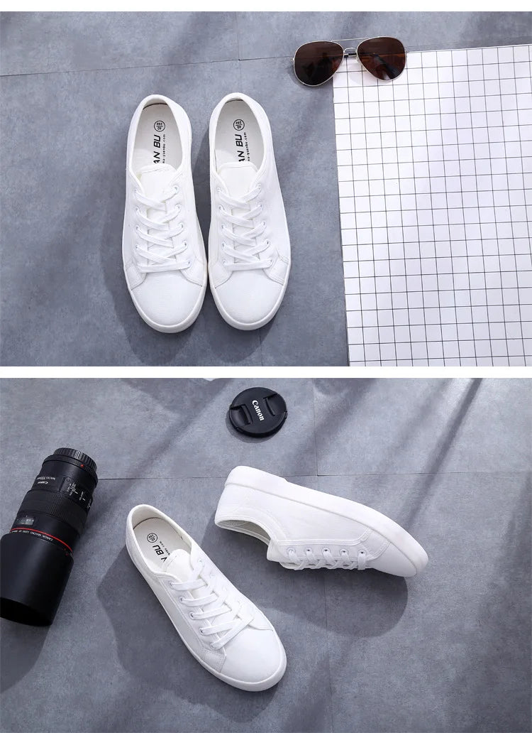 Unisex White Canvas Shoes Casual Summer Vulcanized Shoes Lace-up Students Cloth Shoe Women's Flats Sneakers Women Board Shoes