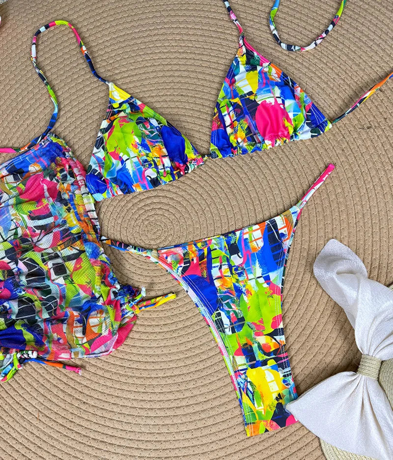 Sexy Printed 4 Piece Bikinis Women Push Up Swimwear With Wrap Long Sleeve Skirt Swimsuit Bathing Suit Beach Wear Female