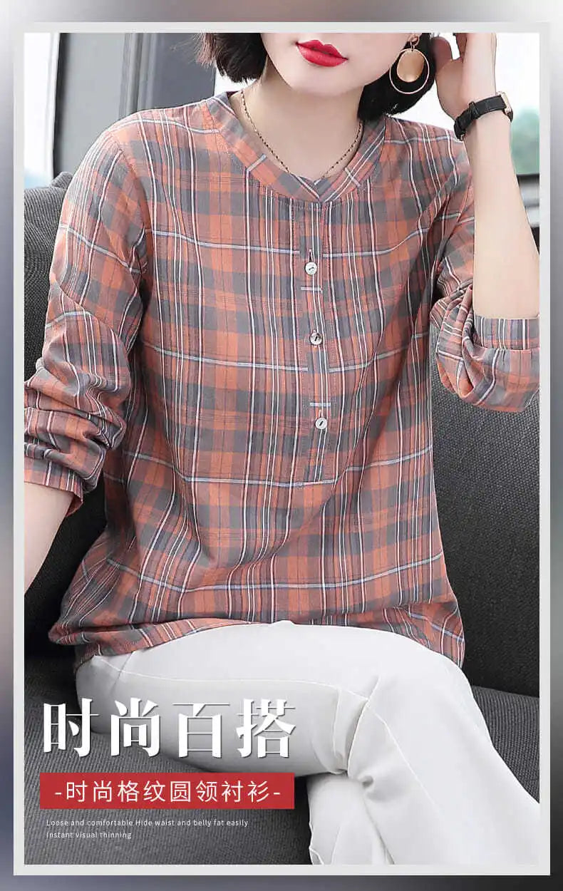 Fashion All-match Round Neck Plaid Shirt Women's Clothing Summer New Vintage Casual 3/4 Sleeve Button Spliced Pullovers Blouses
