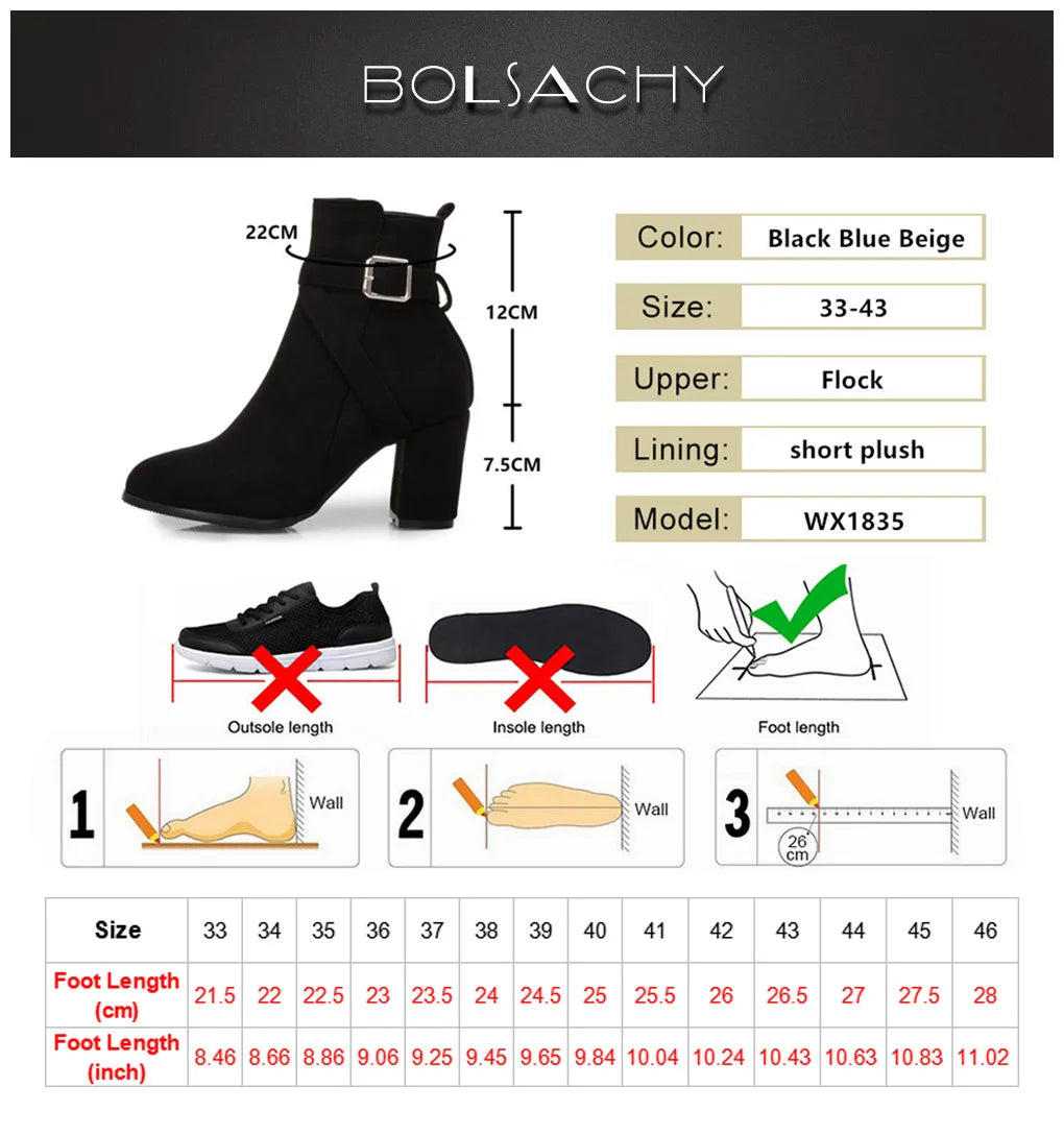Women High Heels Ankle Boots 2025 Round Toe Elegant Short Booties Ladies Ankle Boots Buckle Decoration Black Blue Autumn Winter
