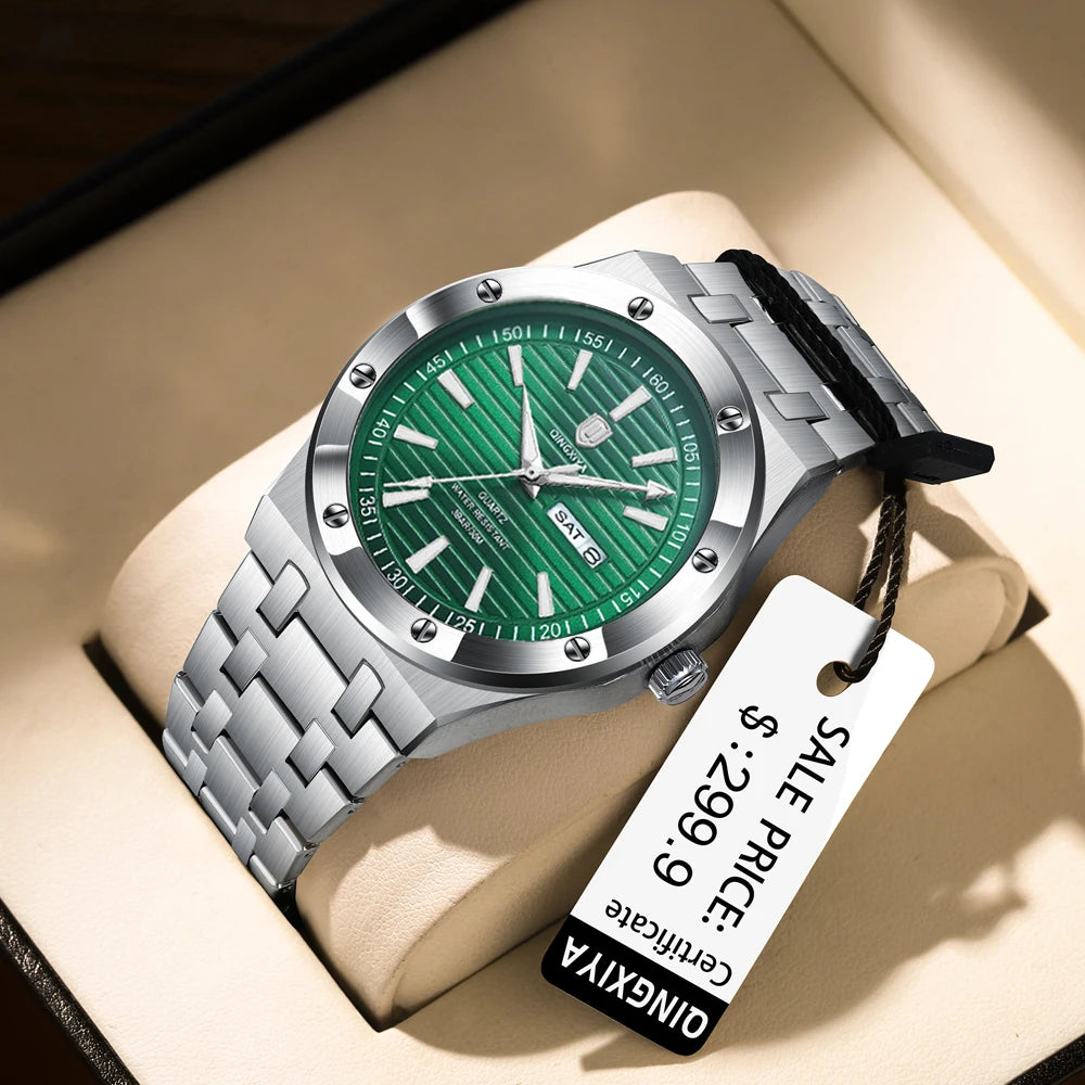 QINGXIYA New Mens Quartz Watches Top Brand Luxury Week Date Man Wristwatch Stainless Steel Waterproof Luminous Sports Men Watch