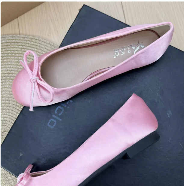 Women Plus Sizes 48 47 33 Dough Shoes With Knot Wide Fitting Round Toe Silk Stain Slip-On Pinkish Gold Blue Footwear Hand-Made